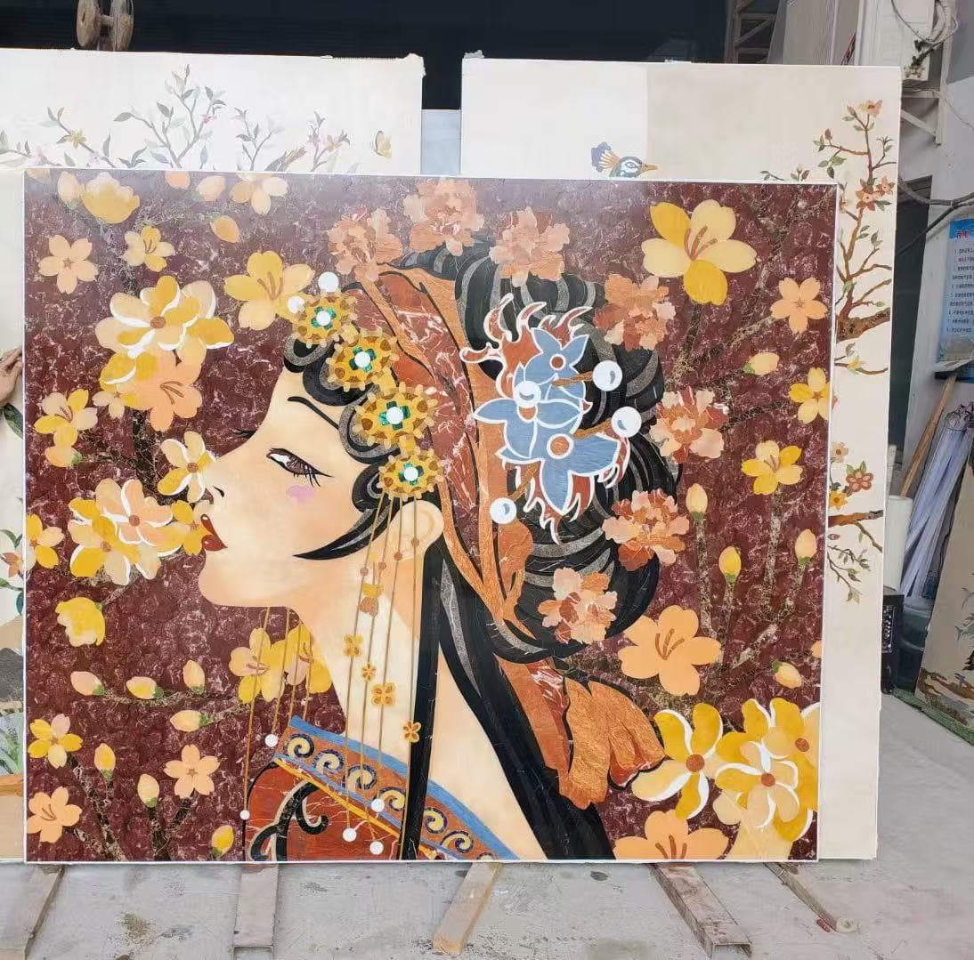 Polished Waterjet Cut Marble Inlay Wall Picture