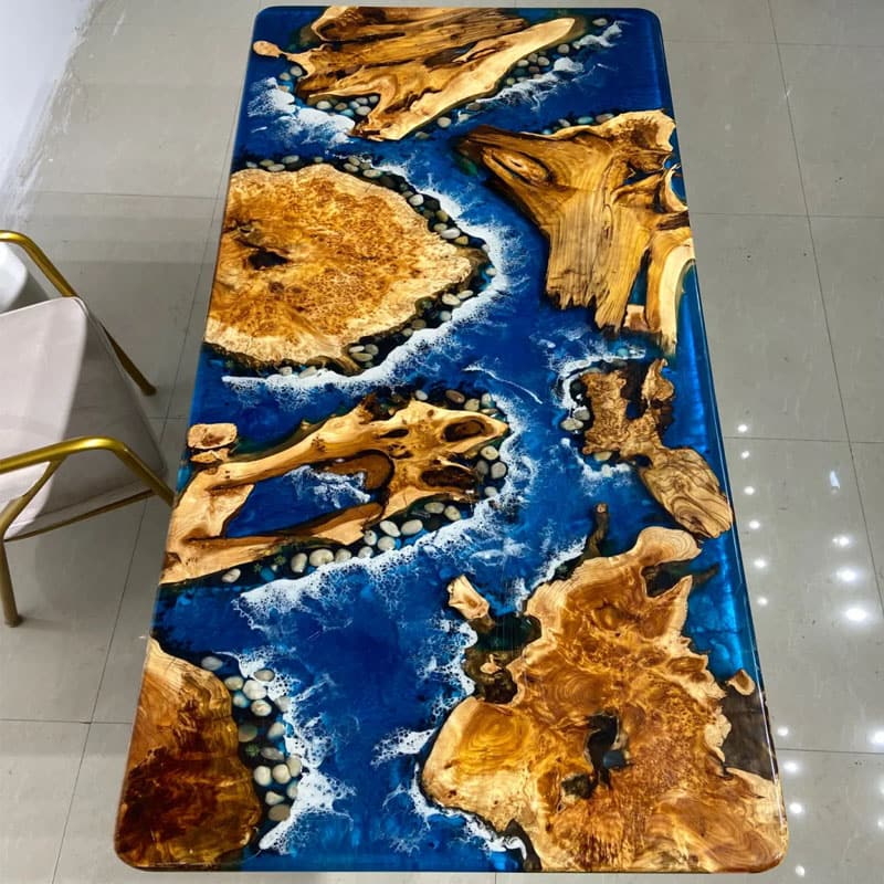 Hot Selling Eco-Friendly Resin Blue Square Solid Wooden Coffee Shop Cafe Table
